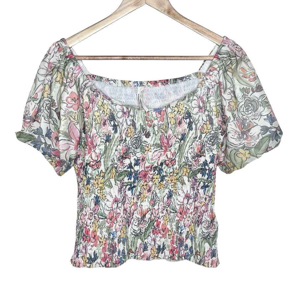 Anthropologie Smocked Mesh Floral Top Womens Small Cottage Spring Short Sleeve